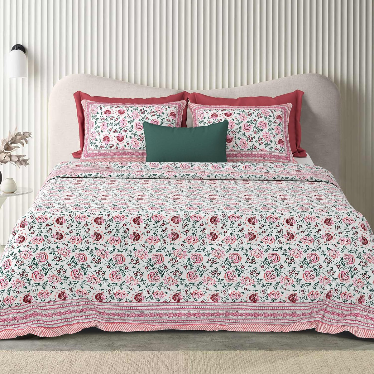1 Queen Size Bedsheet For Double Bed With 2 Pillow Covers (90 X 108 Inches) White & Pink | Floral Print Designs - Breathable 100% Cotton Bedsheet Comfortable