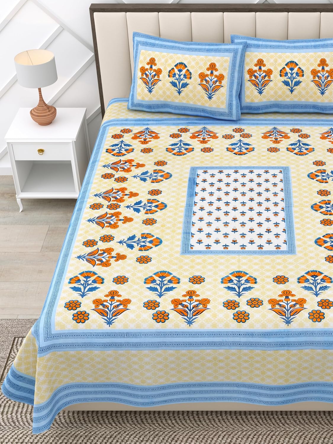 Suitable For King Size Bedsheet With 2 Pillow Cover - 90 X 108 Inches, Cream & Blue | Soft, Breathable & Skin-Friendly Feel For Year-Round Comfort