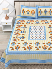 Suitable For King Size Bedsheet With 2 Pillow Cover - 90 X 108 Inches, Cream & Blue | Soft, Breathable & Skin-Friendly Feel For Year-Round Comfort