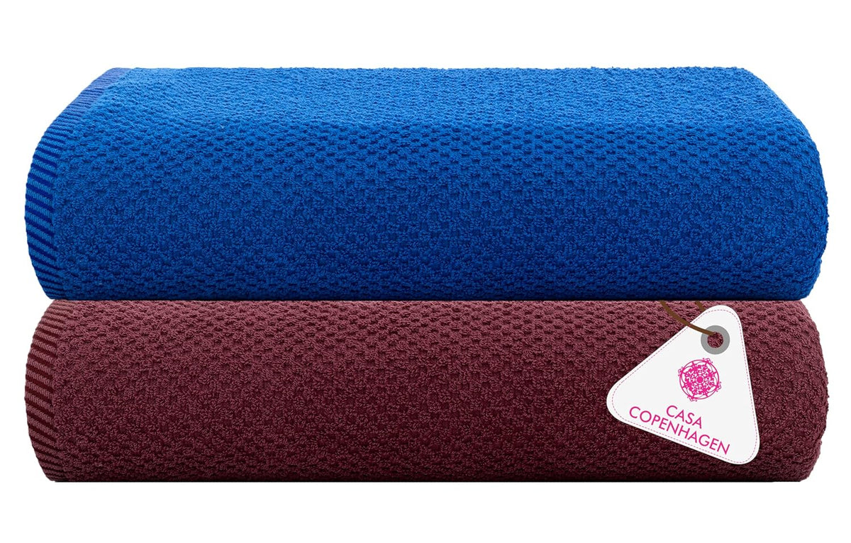 Casa Copenhagen Designed In Denmark Popcorn Super Soft 2 Pieces 100% Cotton Large Bath Towel 525 Gsm - Burgundy & Electric