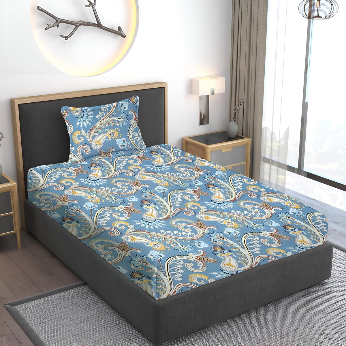 Printed Single Bedsheet Size With 1 Pillow Cover - 60 X 90 Inches, Grey | Cotton Wrinkle Free Soft, Breathable | Durable & Long-Lasting