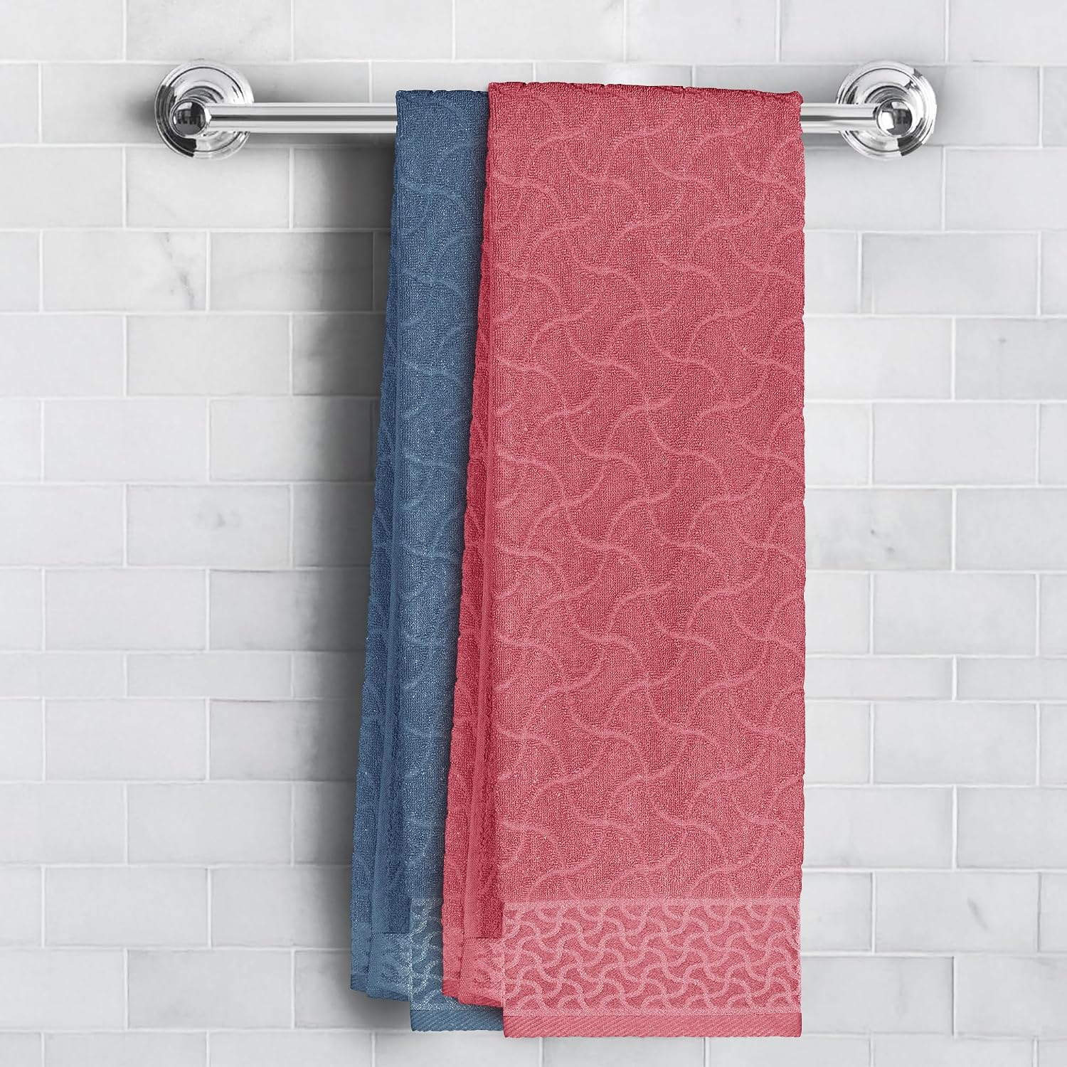 Story@Home Bath Towels 400 Gsm Large Size, Set Of 2 Quick Dry Bath Towel Jacquard Design Pink - Blue, Terry Cotton Bath Towels For Everyday Use