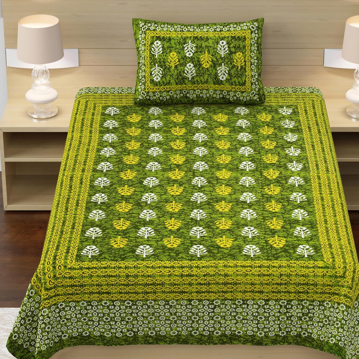100% Cotton Single Bed Sheet With 1 Pillow Cover - 56 X 86 Inches, Green & White | Super Soft Microfiber, Breathable Wrinkle, Fade Resistant