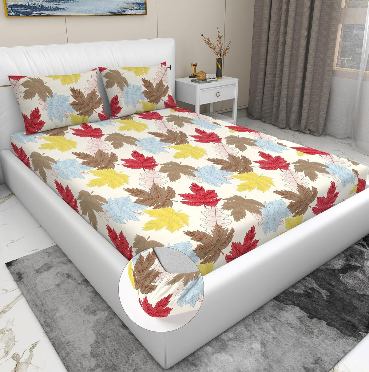 Elastic Fitted Bedsheet For King Size With 2 Pillow Covers - 72 X 78 X 8 Inches, Cream & Red | Presents Luxurious Glace Cotton Super Soft 210 Thread Count