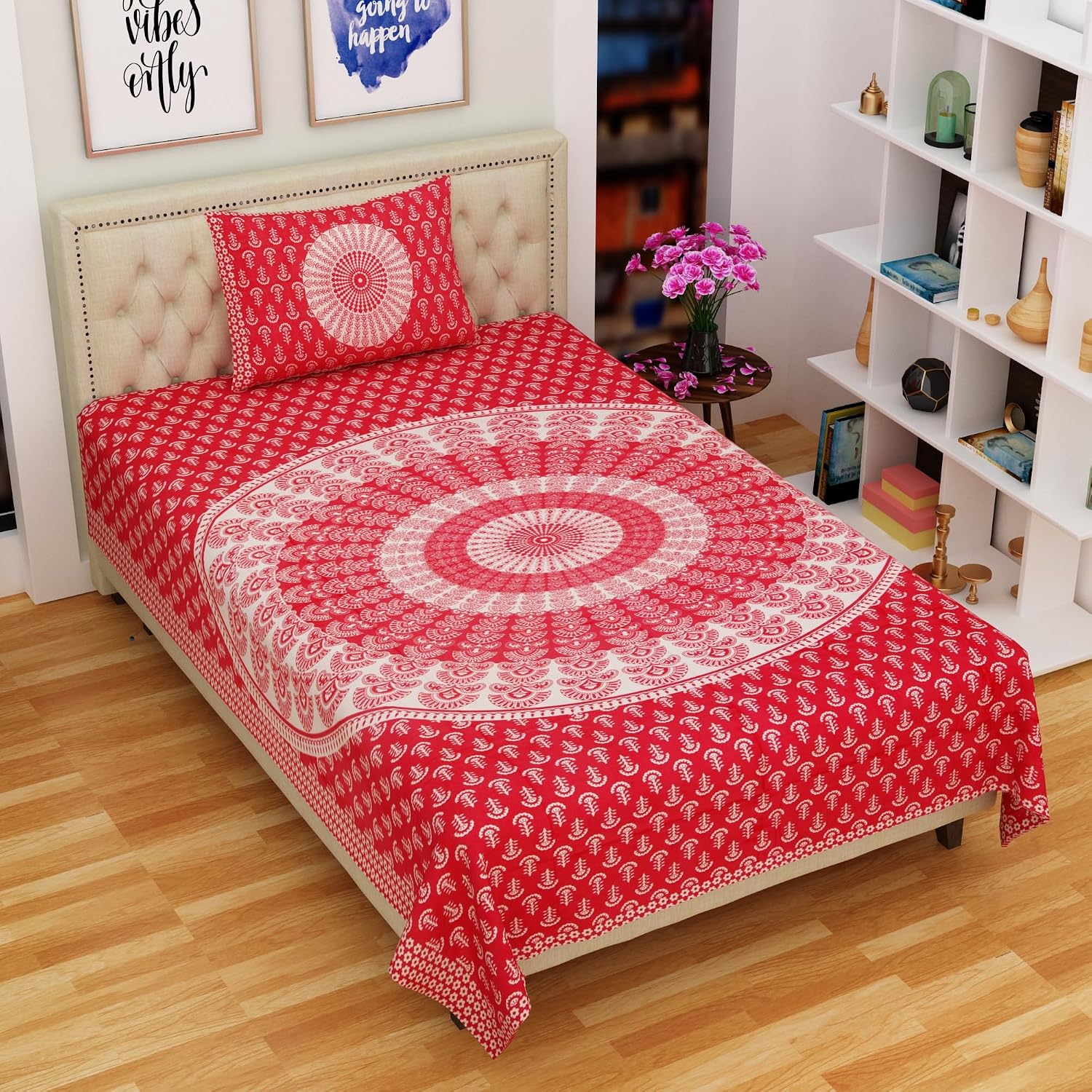 Traditional Jaipuri Single Bedsheet With 1 Pillow Cover - 56 X 86 Inches, Pink & White | Good Gifting Idea For Diwali | Skin Friendly Fabric With Vibrant Colors