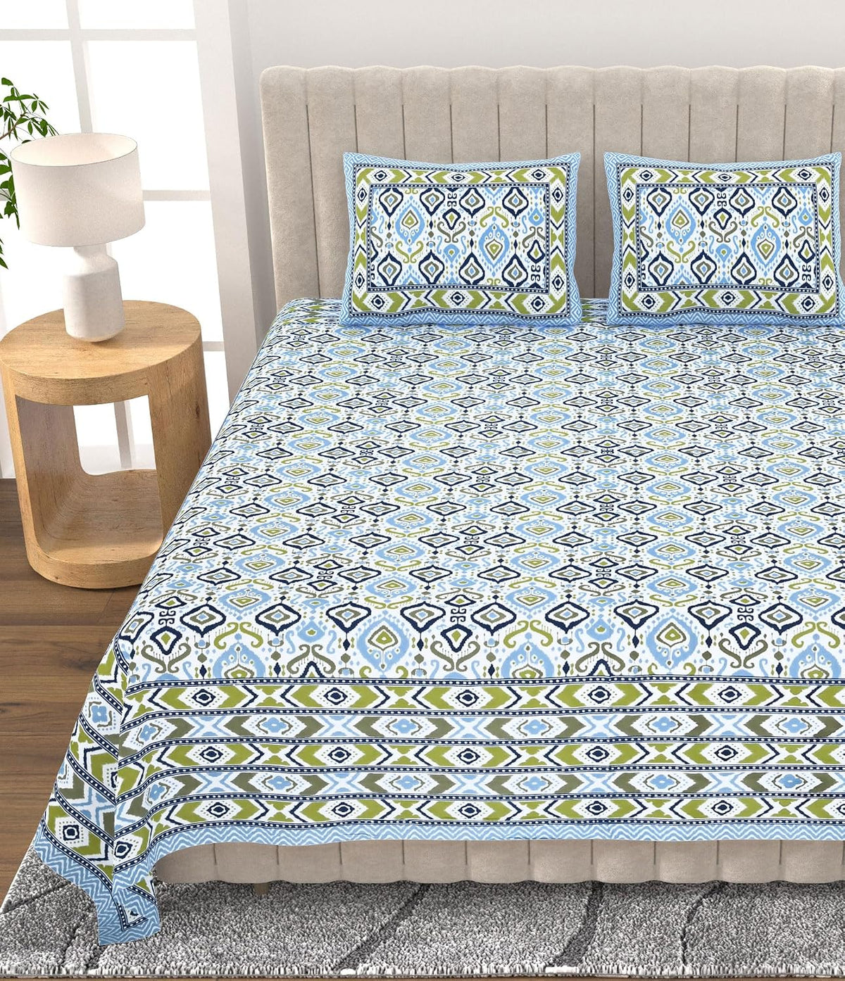 1 Queen Size Bedsheet For Double Bed With 2 Pillow Covers (90 X 108 Inches) Green & Blue | Premium Cotton Material - Ideal For House, Hotel, Guest House