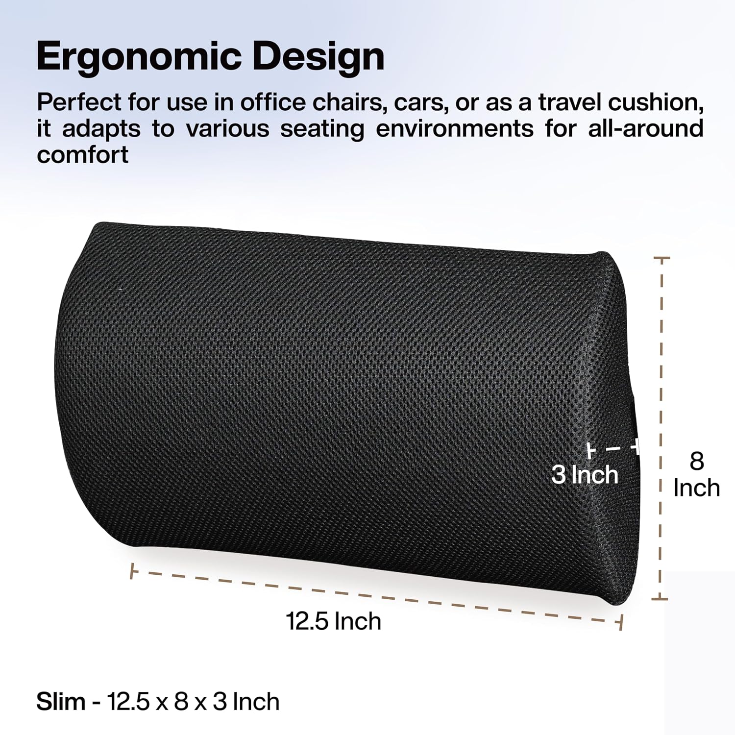 Lumbar Support Roll For Back Pain Relief, Back Support & Posture Correction, Black | Slim, Versatile Cushion For Office, Car & Travel With Adjustable Strap | Cooling, Lightweight