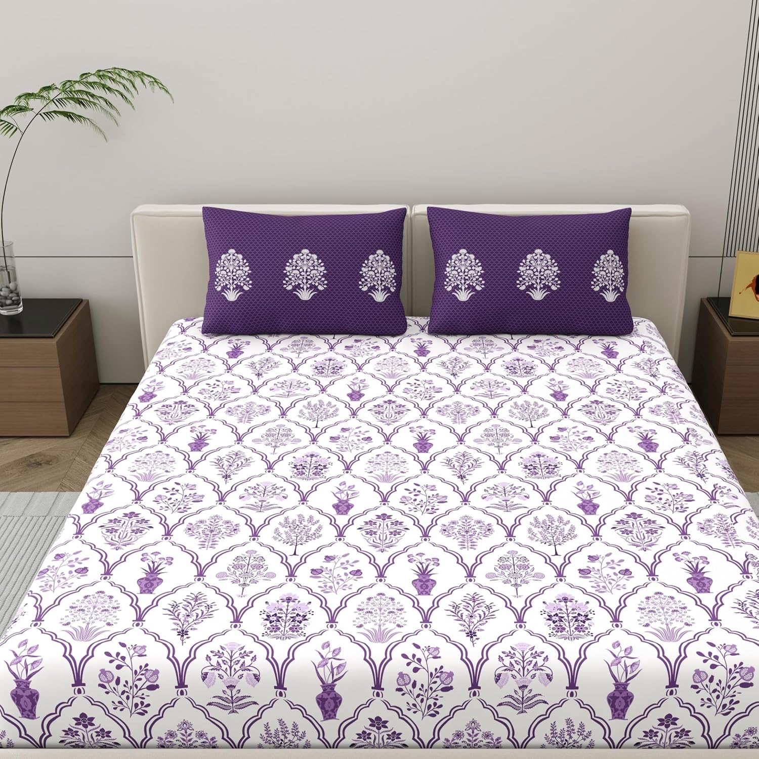 100% Cotton Double Bedsheet With 2 Pillow Covers - Size - 87 X 94 Inches, White & Purple | Breathable Fabric & Skin Friendly | Comfortable Night Sleep