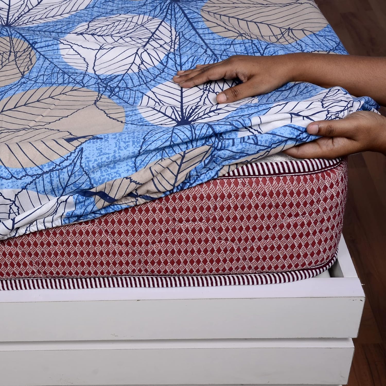 Printed King Size Double Bedsheet With 2 Pillow Cover For Bedroom | 72 X 78 + 9 Inches, Blue & White - All Around Elastic Fitted | Ideal For Everyday Use