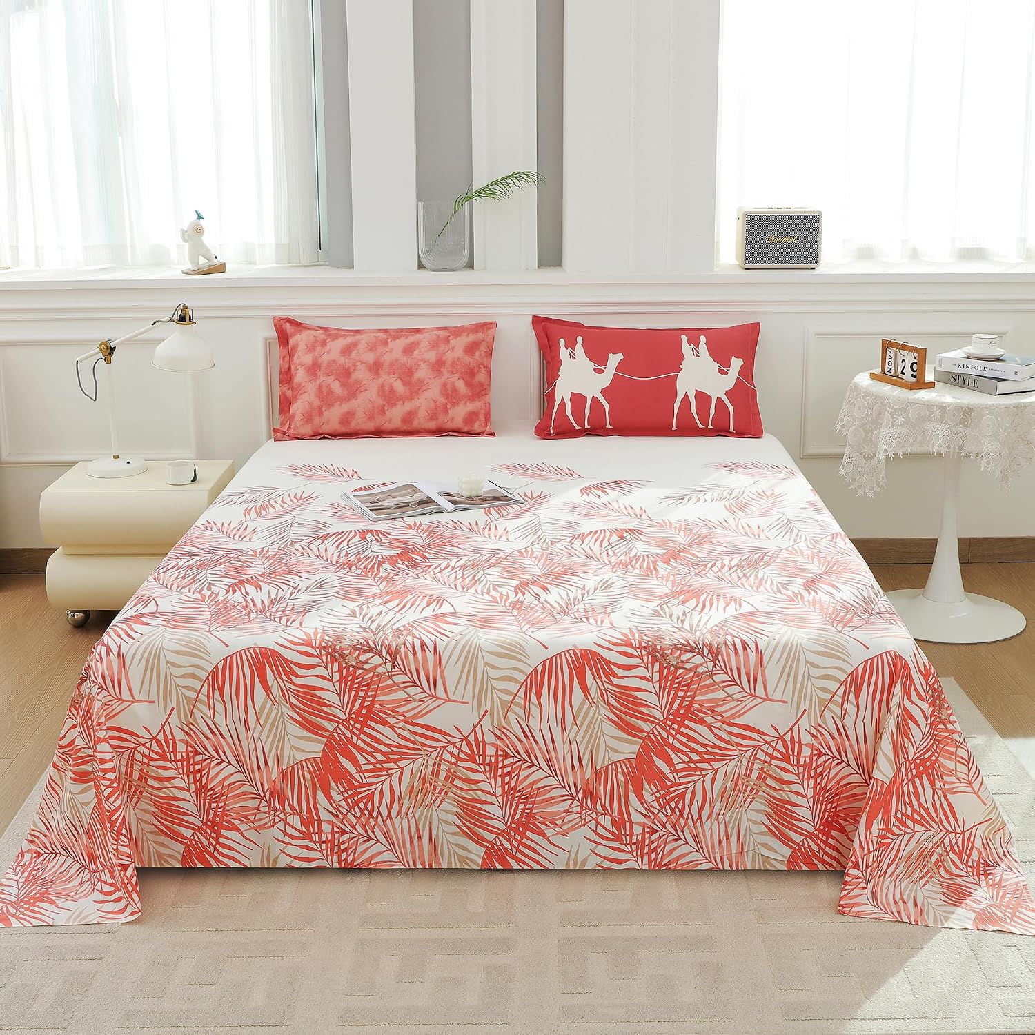 Soft Bedsheet For King Size Bed With 2 Matching Pillow Cover | 106 X 106 Inches, White & Red | Skin-Friendly Touch & Lasting Comfort - Soft & Breathable