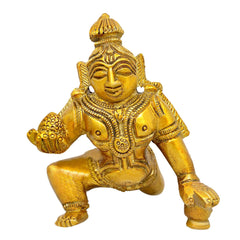 Bal Krishna Laddu Gopal Idol, Little Krishna, Thakur Ji, Golden, Brass - 3 Inch, Traditional, Handmade Idol, Kanha Ji Murti, Beautiful Statue