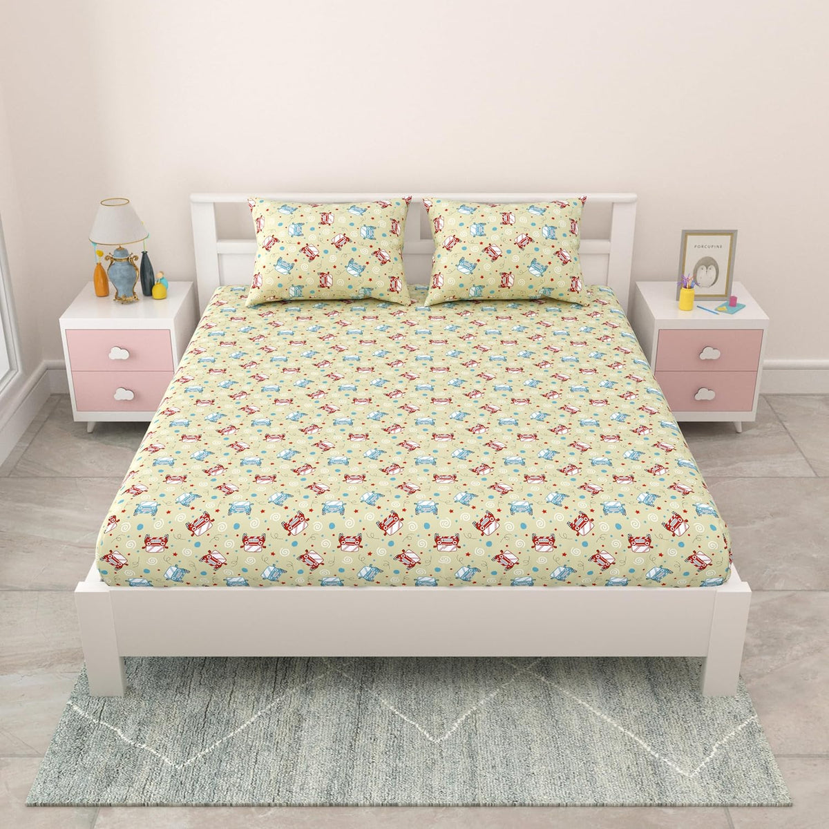 Pure Cotton Kids Bedsheet Double Bed Queen Size With 2 Pillow Covers | 90 X 100 Inches, Multicolor | Fun Cartoon Theme, Soft & Breathable Fabric