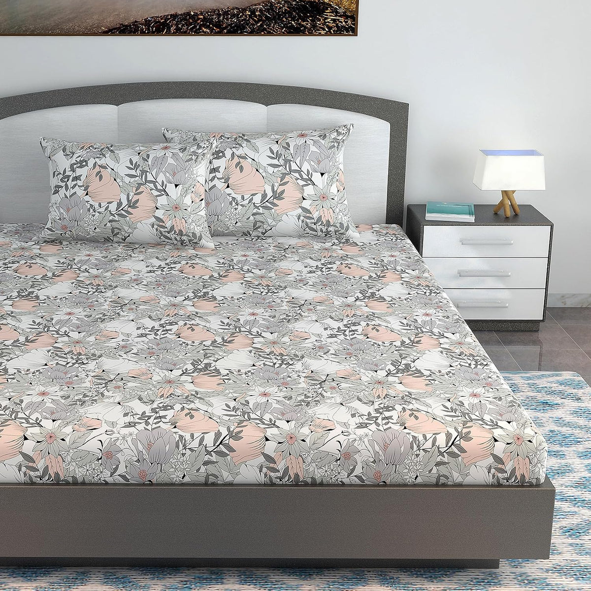 100% Cotton Double Bedsheet For King Size With 2 Pillow Covers | 108 X 108 Inches, White & Grey - Perfect For Home, Guest House, Hotel | Soft, Breathable & Comfortable