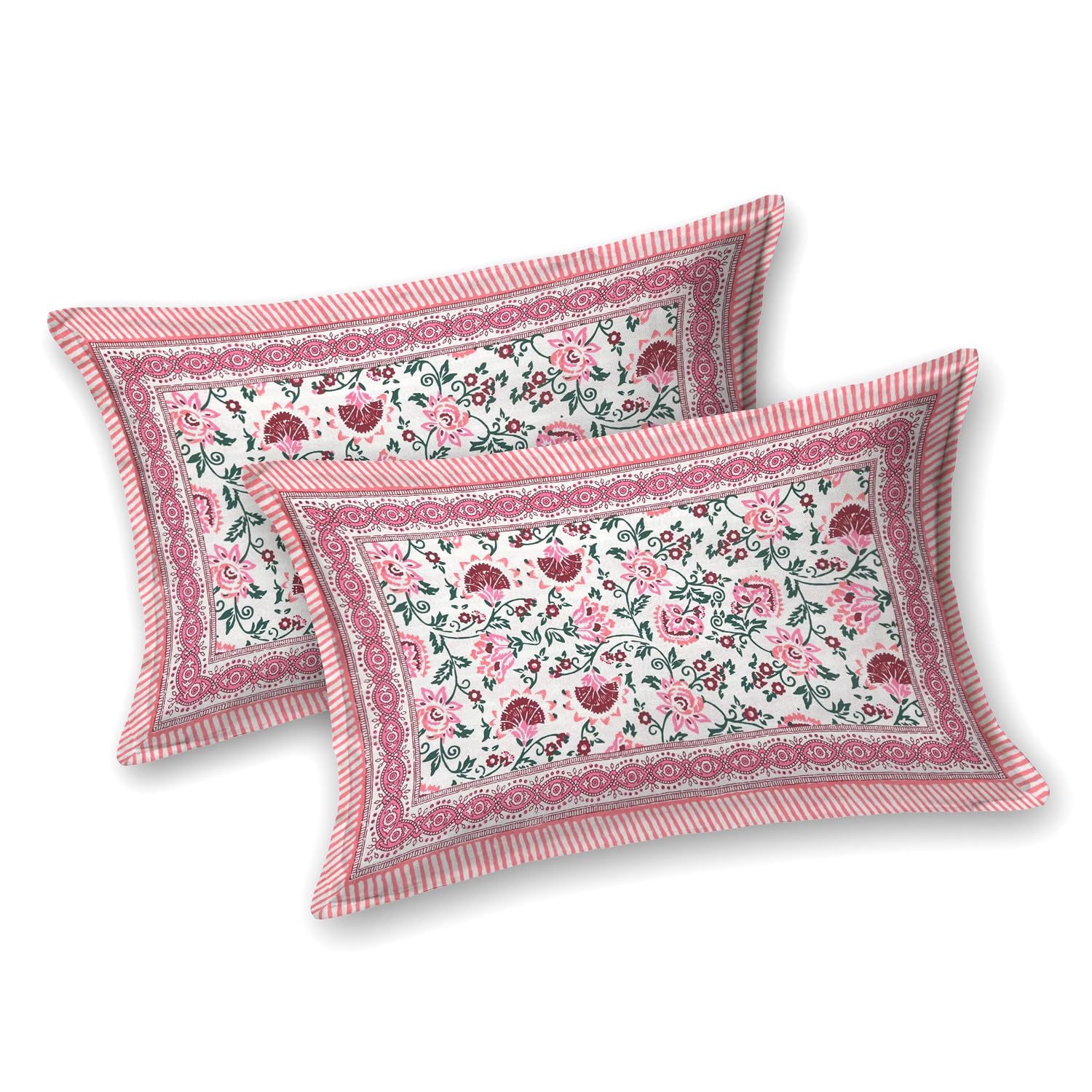 Jaipuri Bedsheet For Double Bed With 2 Pillow Covers - 90 X 108 Inches, Pink & White | Pure Cotton Bedsheet King Size Bed | Soft & Breathable Fabric