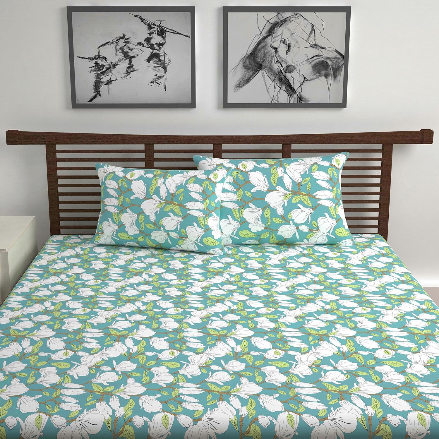 100% Pure Cotton Double Bedsheet For Queen With 2 Pillow Covers - 87 X 100 Inches, Meadow Green | Soft & Durable For Everyday Use & Bedroom - All Season Comfort