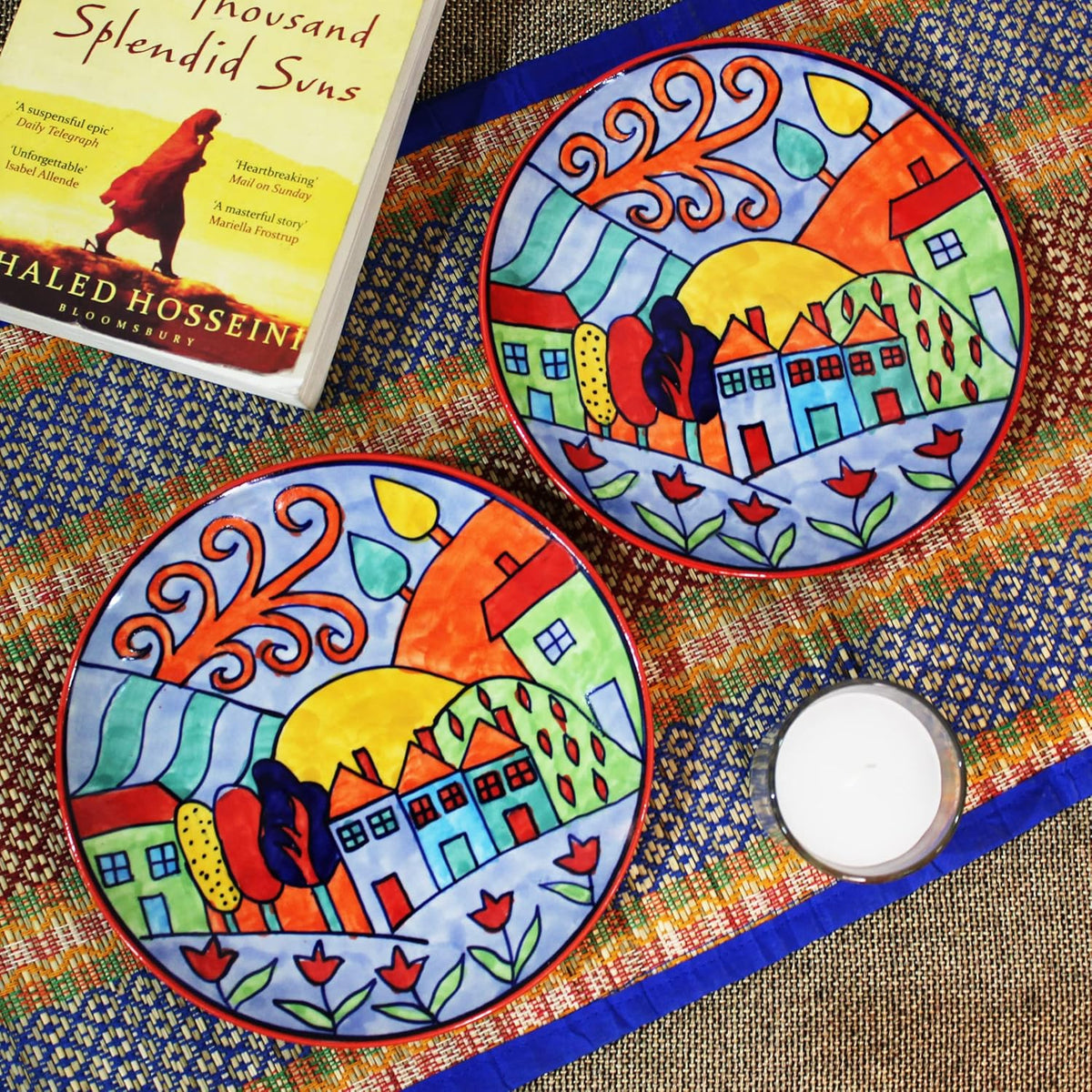 Exotic Panorama Hand Painted Ceramic Quarter Plates Set Of 2 - Multicolor | Small Side Plates For Dinner & Snacks - 7 Inch, 2 Pieces, Microwave Safe