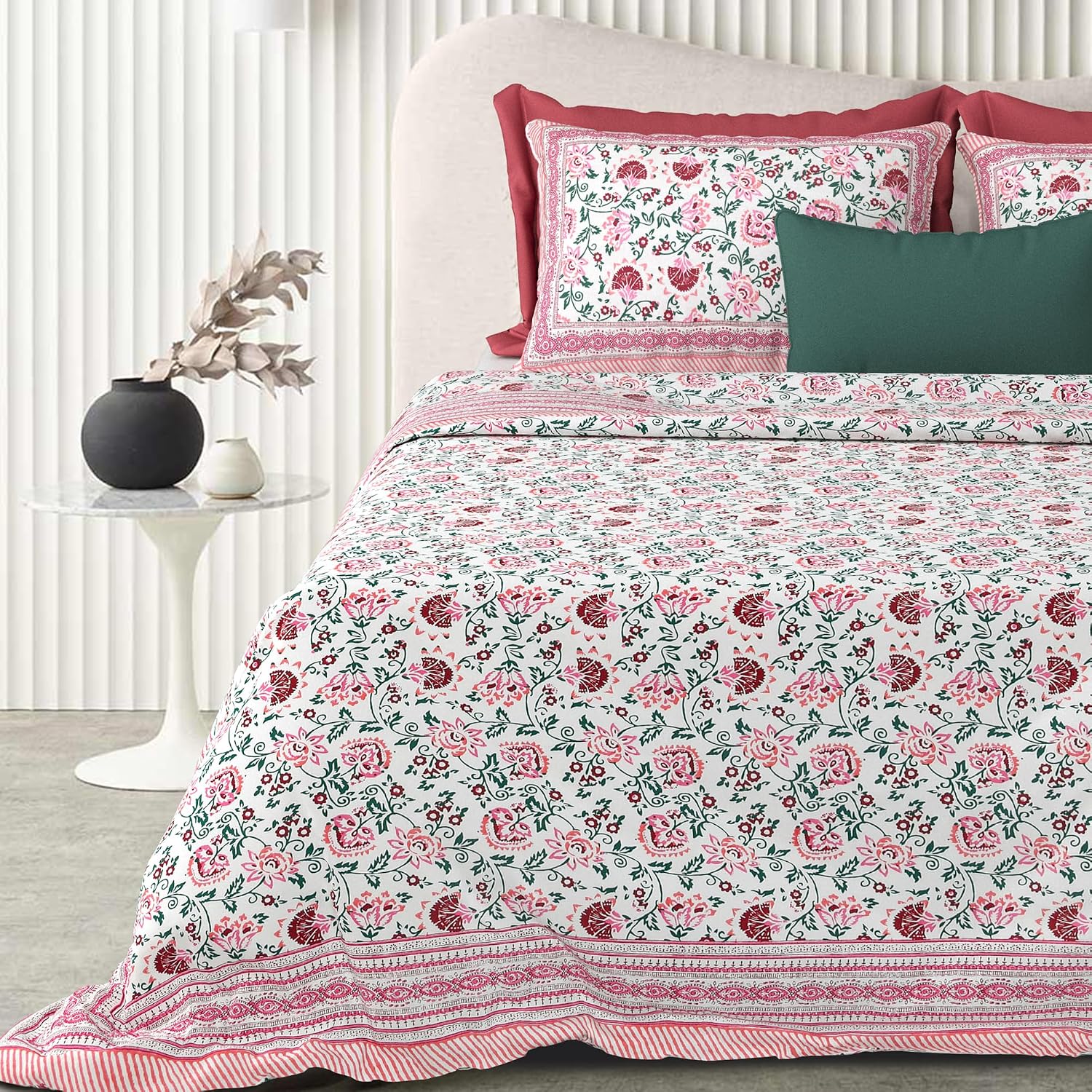 Double Bedsheet For King Size With 2 Matching Pillow Covers (90 X 108 Inches) White & Pink | Pure Cotton Jaipuri Bedsheet | Cotton Bedsheet Is Suitable For All Seasons