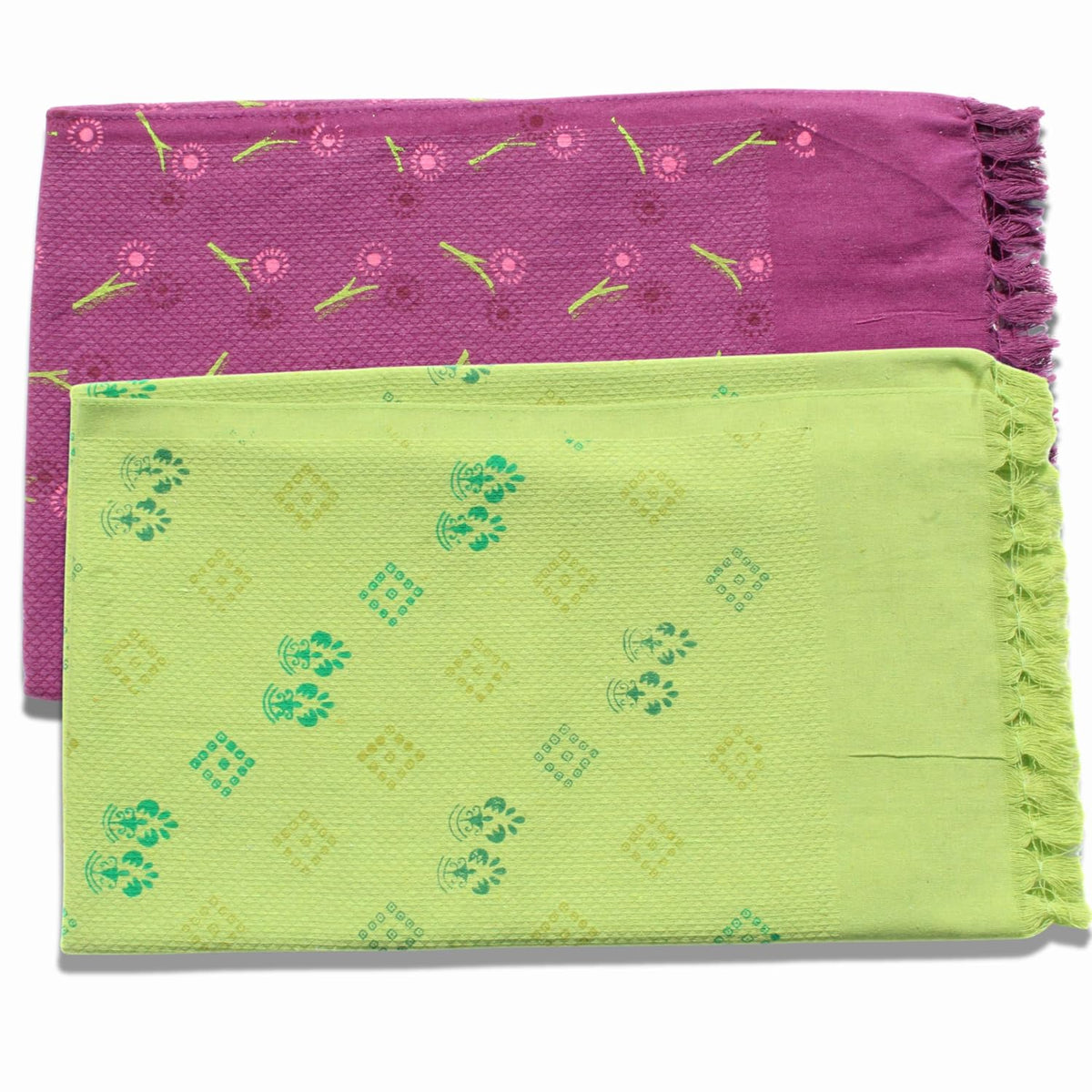 100% Printed Thin Towel 700 Gsm | Quick Dry & High Absorbent Thorthu Bath Cotton Towels (Purple & Green) - Set Of 2