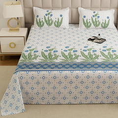 1 Piece Cotton Bedsheet For King Size With 1 Pillow Cover - 108 X 108 Inches, White & Sky Blue | Soft & Durable For Everyday Use & Bedroom - All Season Comfort