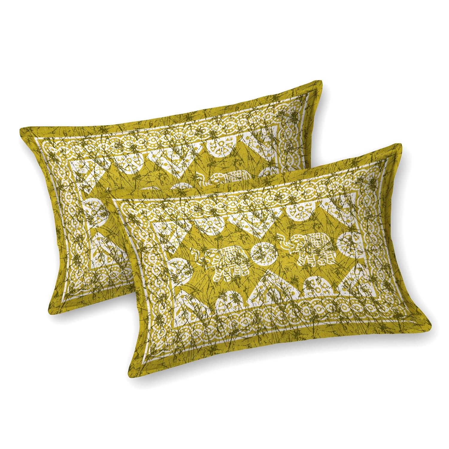 Handloom Printed Double Bedsheet For Queen Size With 2 Matching Pillow Cover | Size 90 X 100 Inches, Mustard Green - Cotton Bedsheets For Double Bed | Soft & Smooth