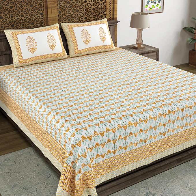 Traditional Hand Block Printed Cotton King Size Bedsheet With 2 Pillow Covers, 90 X 108 Inches, White | 200 Thread Count-Vibrant Bedding For Stylish Bedrooms