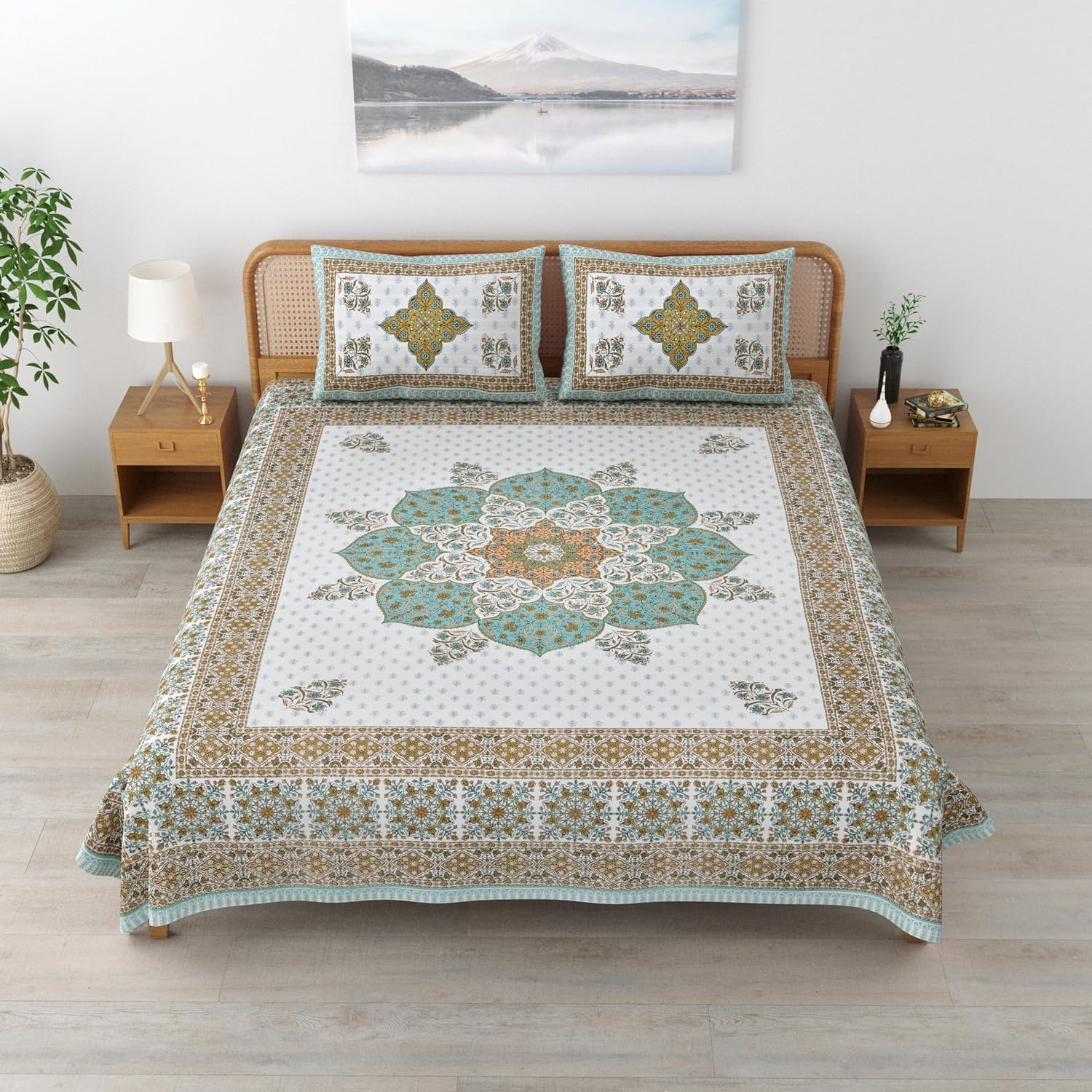 Sanskriti Bedsheet For Double Bed King Size With 2 Pillow Cover - 90 X 108 Inches, Teal & White | Soft, Durable & Stylish | Breathable & Skin-Friendly