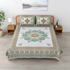 Sanskriti Bedsheet For Double Bed King Size With 2 Pillow Cover - 90 X 108 Inches, Teal & White | Soft, Durable & Stylish | Breathable & Skin-Friendly