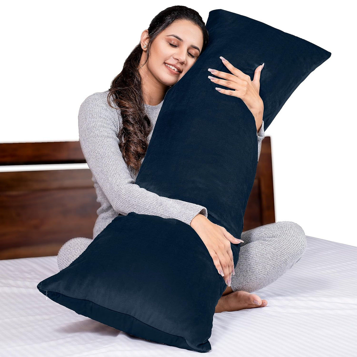 Microfiber Body Side Pillow For Sleeping For Pregnancy, Navy Blue - 53 X16 Inch | Long Cuddle Pillow For Hugging, Relaxing, Washable, Premium Velvet Outer Cover With Zip, Adjustable Pillow