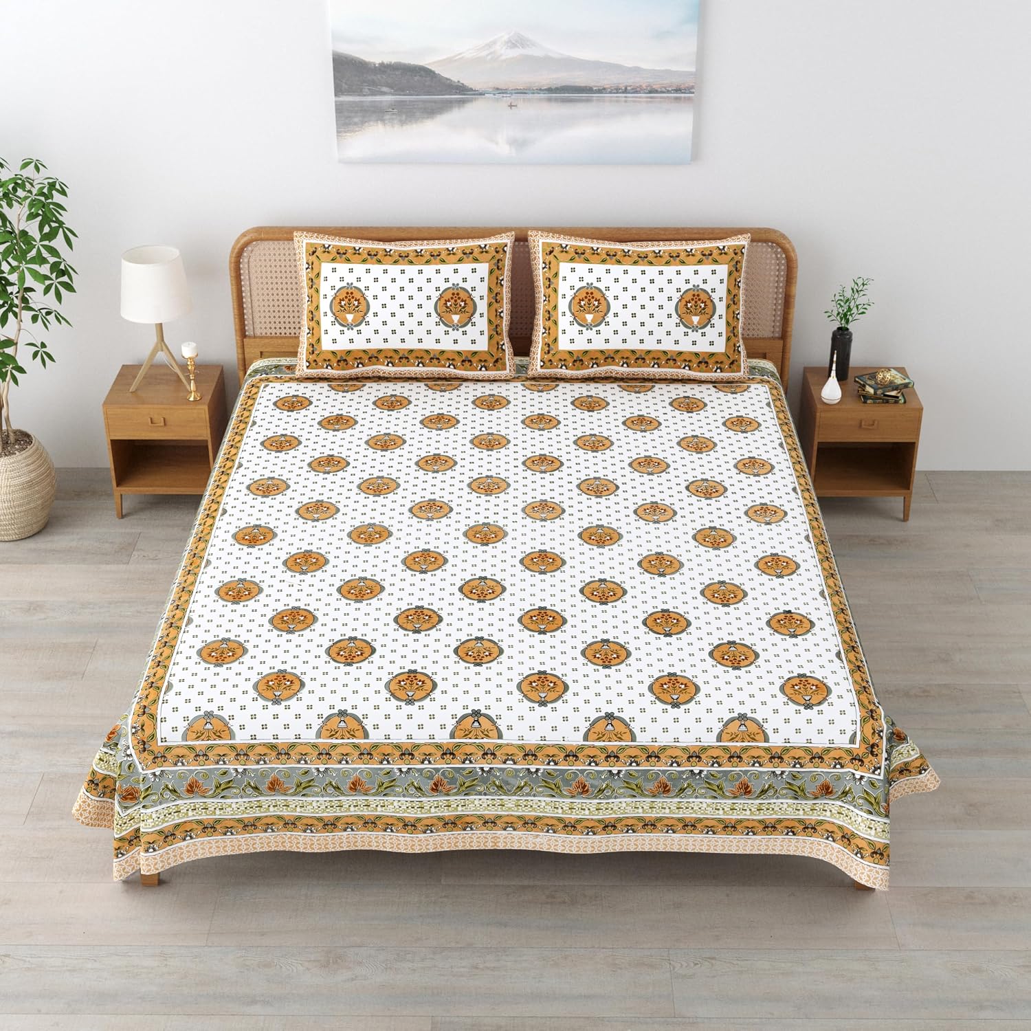 Sanskriti Bedsheet For Double Bed King Size With 2 Pillow Cover - 90 X 108 Inches, Dull Orange & White | Soft, Durable & Stylish | Breathable & Skin-Friendly