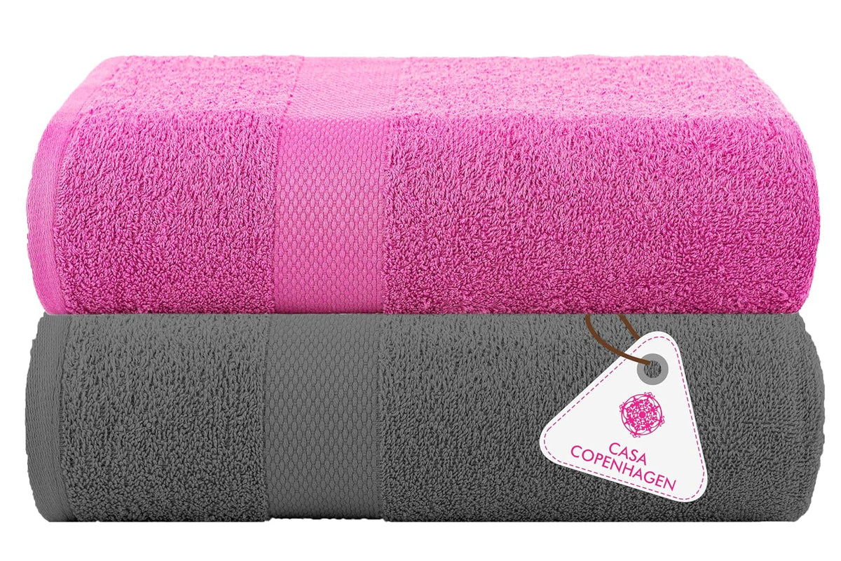 Casa Copenhagen Super Soft Feather Lite Collection 2 Pieces 100% Cotton Large Bath Towel 850 Gsm - Pine Grey & Pink