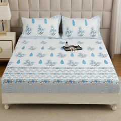 1 Piece Cotton Bedsheet For King Size With 1 Pillow Cover - 108 X 108 Inches, White & Light Blue | Soft & Durable For Everyday Use & Bedroom - All Season Comfort