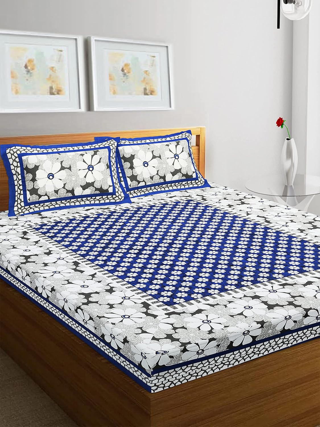 Pure 100% Cotton Double Bed Sheet With 2 Pillow Covers - 90 X 100 Inches, Blue & White | Beautifully Handcrafted Traditional Bedsheets - Skin Friendly Fabric