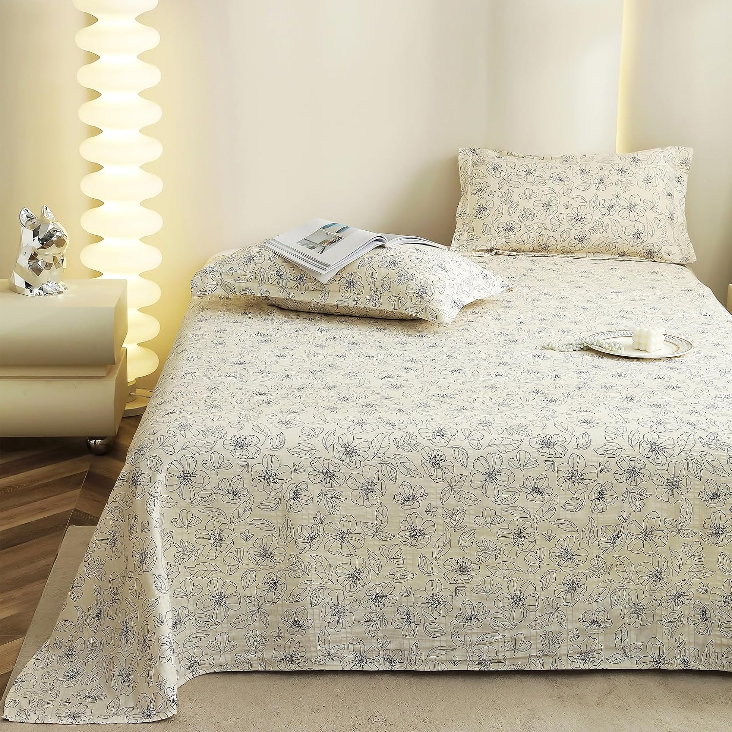 Flat Bedsheet For King Size With Two Pillow Covers - 100 X 108 Inches, Off White & Grey | Super Soft Bed Sheet For King Size Bed | Floral Design