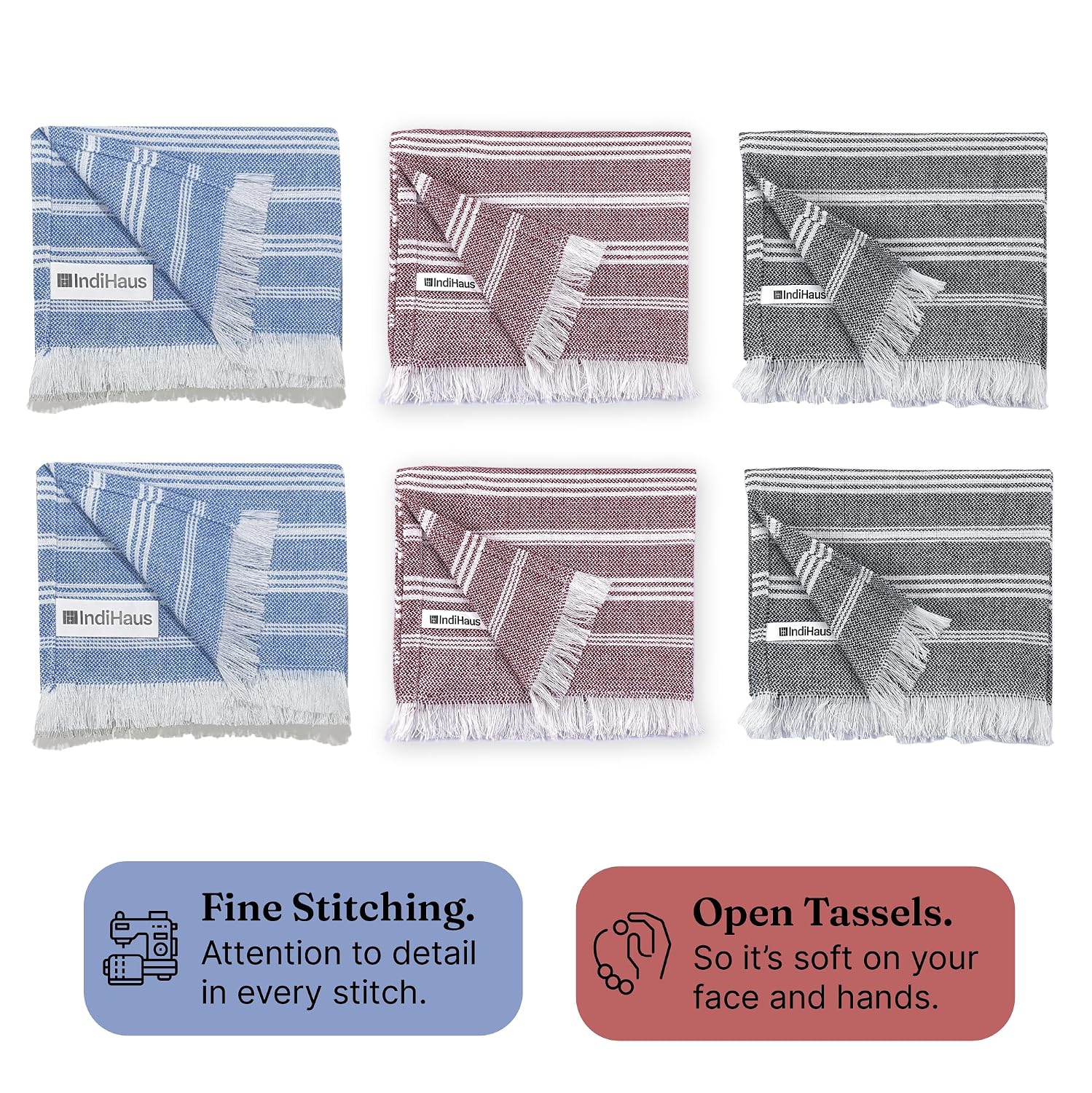 Indihaus Premium Cotton Hand Towel 310 Gsm | Soft, Absorbent, Multi-Purpose Towel Set | Blue, Crimson & Grey (Set Of 6)