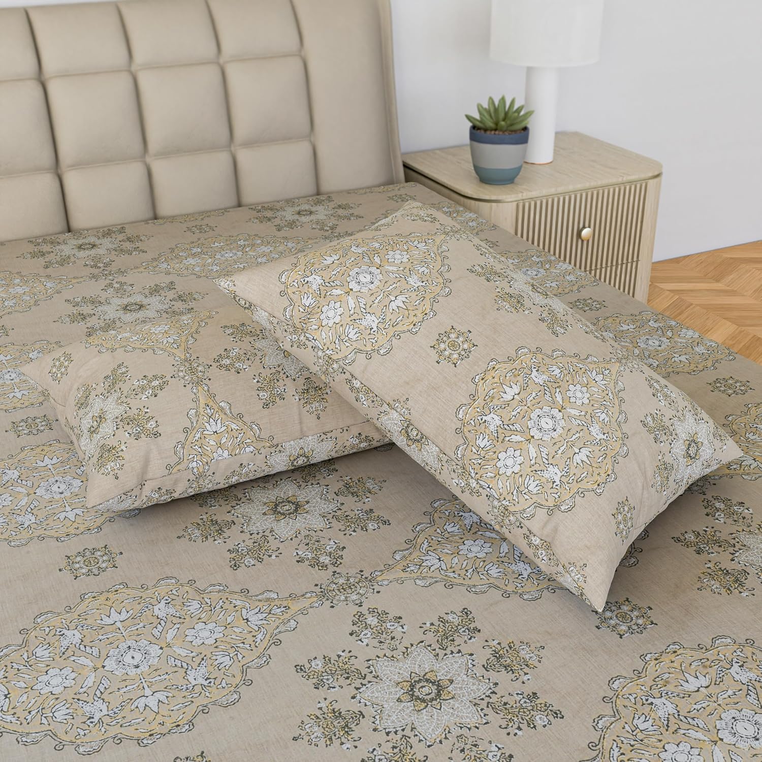 Luxury Bedsheet Queen Size With 2 Pillow Cover - 60 X 78 Inches, Beige & Green | Printed All Around Elastic Fitted Bedsheet | Durable & Fade-Resistant