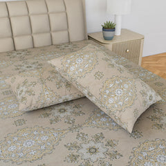 Luxury Bedsheet Queen Size With 2 Pillow Cover - 60 X 78 Inches, Beige & Green | Printed All Around Elastic Fitted Bedsheet | Durable & Fade-Resistant