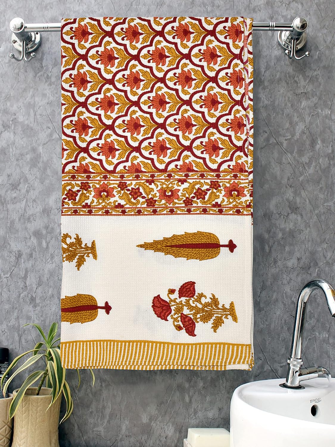Mafatlal 100% Cotton Waffle Towel Large Size 200 Gsm | Light Weight, Quick Dry, Hand Printed, Floral Designs & Craft, Super Absorbent Towel (Madhuban Collection)
