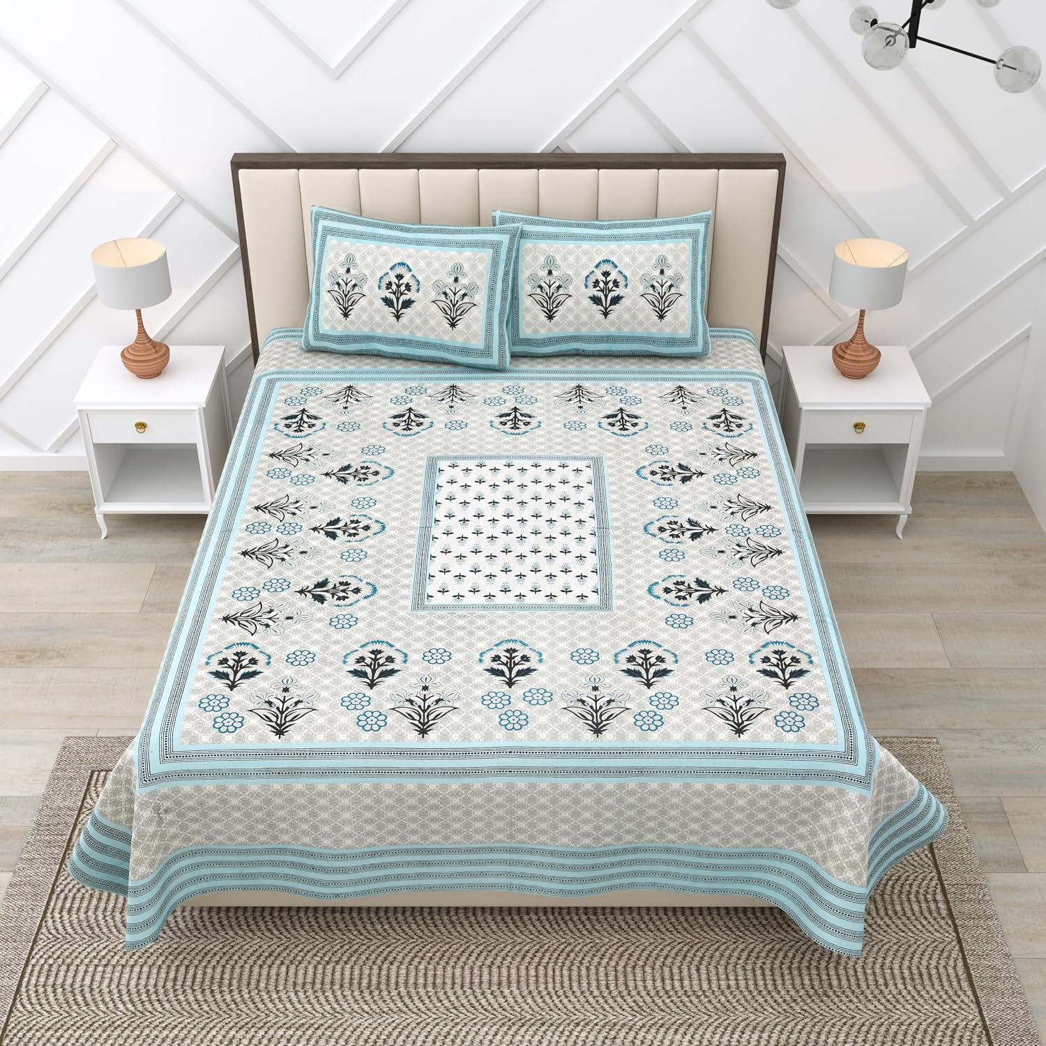 Suitable For King Size Bedsheet With 2 Pillow Cover - 90 X 108 Inches, Grey & Sky Blue | Soft, Breathable & Skin-Friendly Feel For Year-Round Comfort