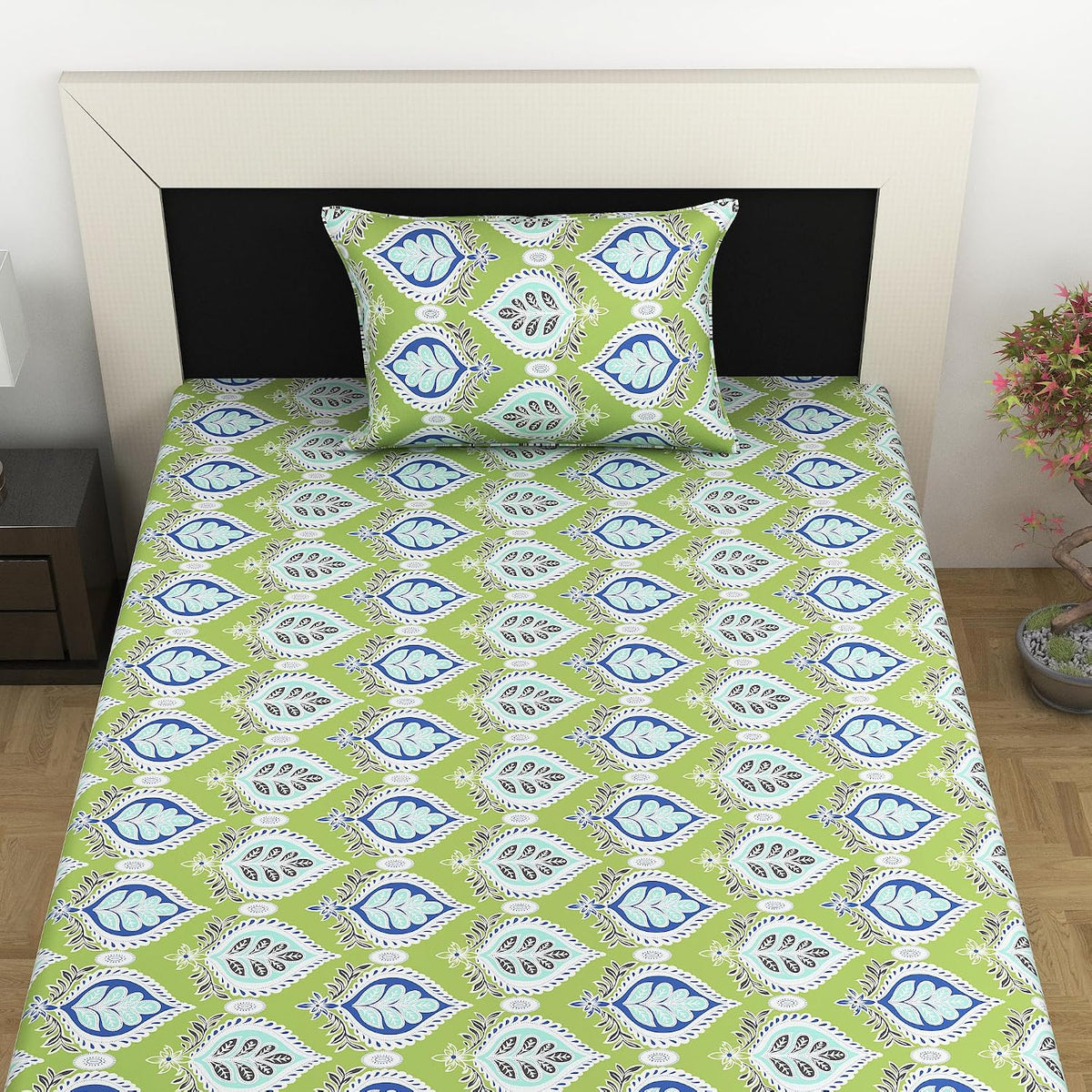 100% Cotton Single Bedsheet With 1 Matching Pillow Covers - 57 X 87 Inches, Palm Green | All Weather Comfort & Bedroom - Softness & Natural Breathability