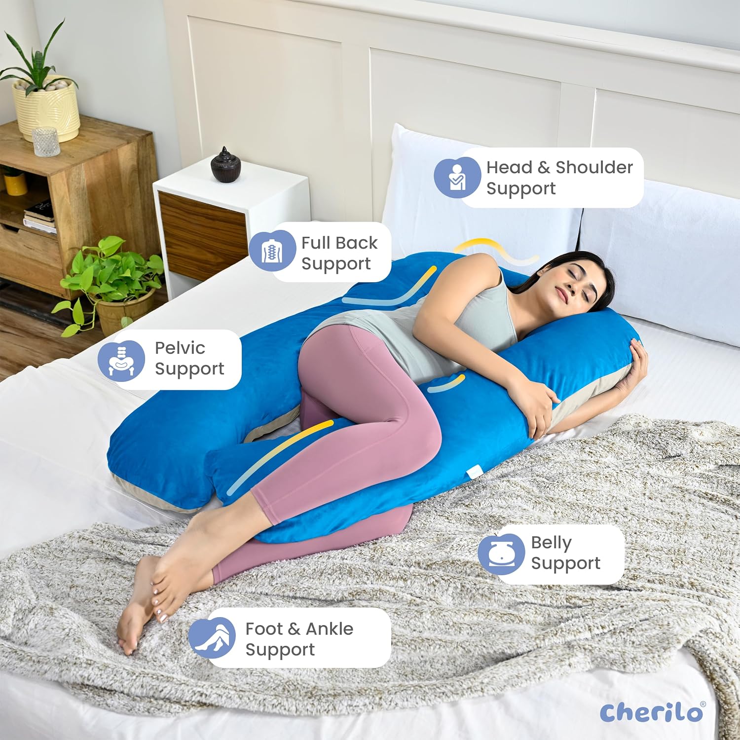U Shaped Pregnancy Pillow For Pregnant Women & Nursing Mom, Beige & Sky Blue | Full Body Support, Single Pillow For Multipurpose Use During Maternity | Premium Velvet Outer Cover With Zip