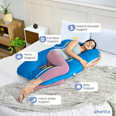 U Shaped Pregnancy Pillow For Pregnant Women & Nursing Mom, Beige & Sky Blue | Full Body Support, Single Pillow For Multipurpose Use During Maternity | Premium Velvet Outer Cover With Zip