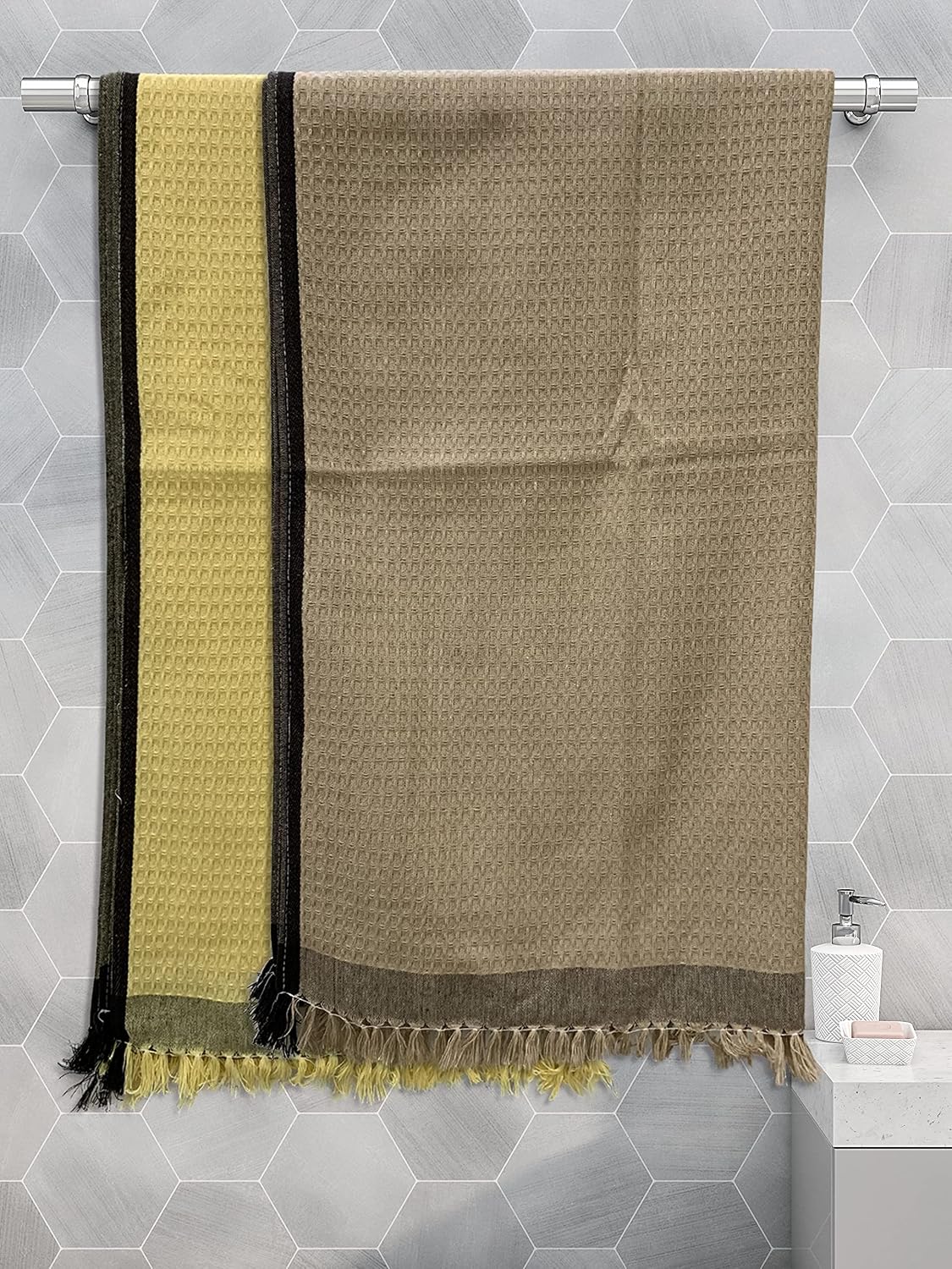 Athom Trendz Living Eco Saviour Premium Cotton Bath Towel 400 Gsm | Waffle Yellow & Waffle Beige- Pack Of 2