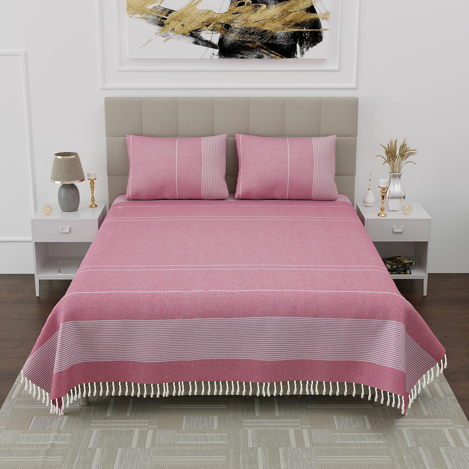 100% Cotton Double Bedsheet With Two Pillow Cover - Queen Size 90 X 100 Inches, Pink | Handloom Cotton Bedsheets For Double Bed | All Season Comfort