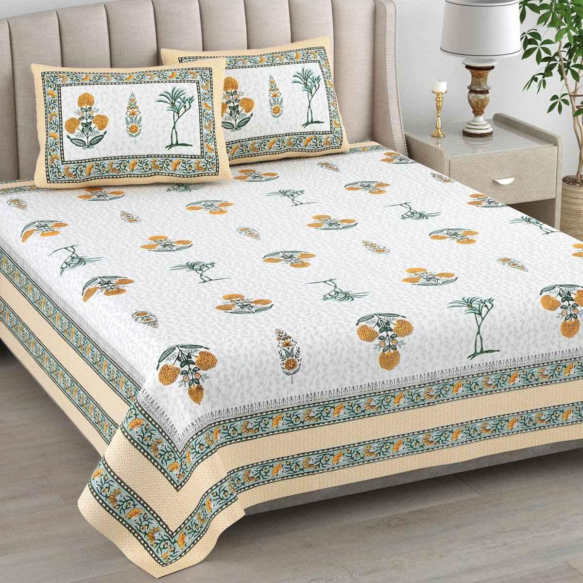 1 Queen Size Bedsheet For Double Bed With 2 Pillow Covers (90 X 108 Inches) Yellow & White | Premium Cotton Material - Ideal For House, Hotel, Guest House