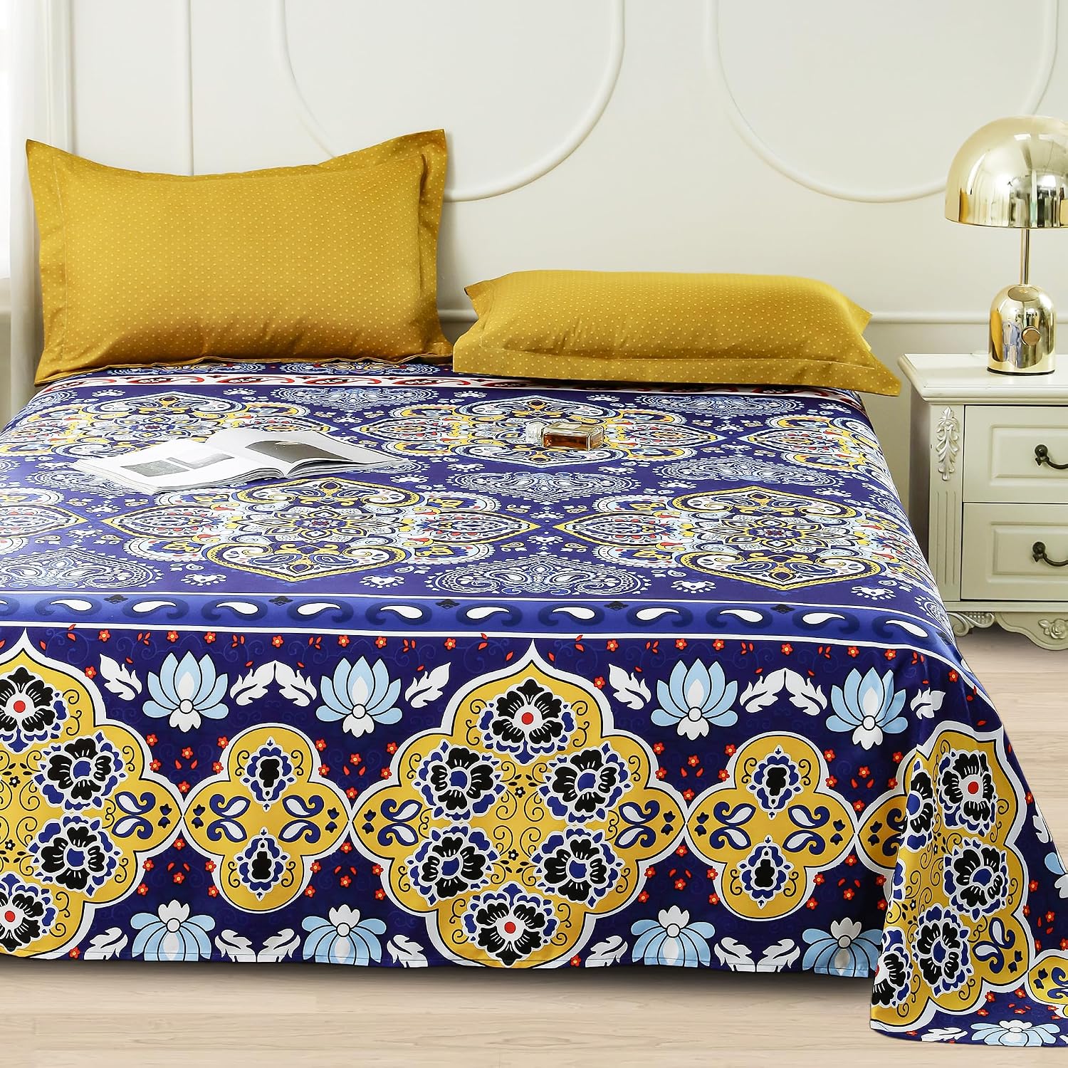 Perfect Double Bedsheet With 2 Pillow Covers - 88 X 100 Inches, Blue & Yellow | Breathable & Skin-Friendly Bedsheet | 240 Thread Count