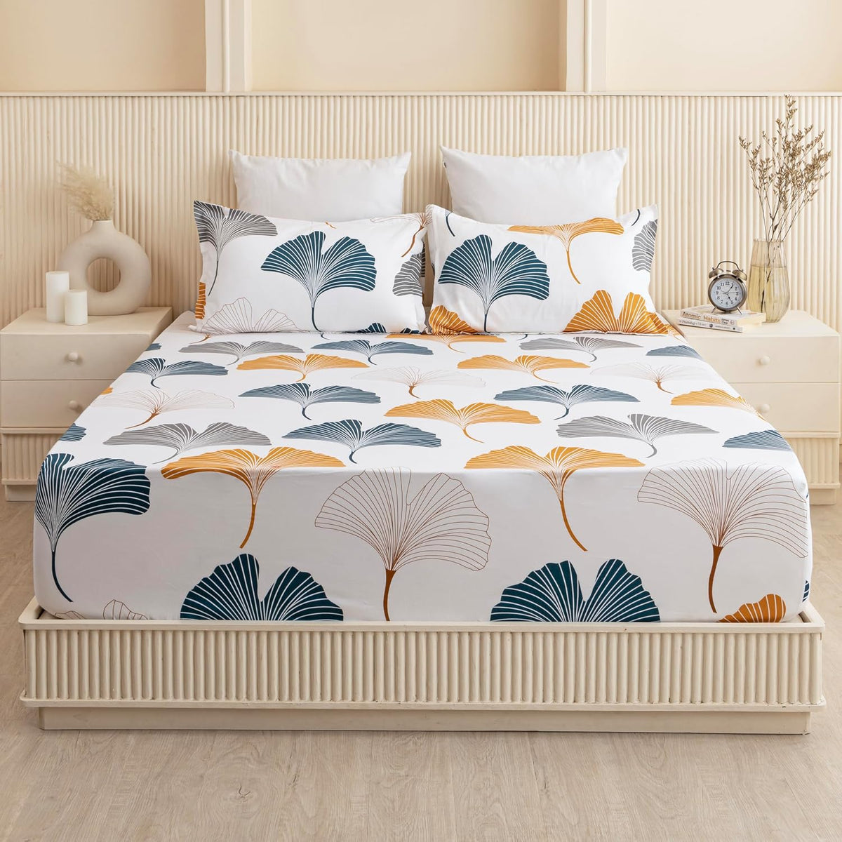 Premium Cotton Fitted Bedsheet King Size - 78 X 72 Inches With 2 Pillow Covers, Mustard & White | Super Soft, Breathable & Wrinkle Free