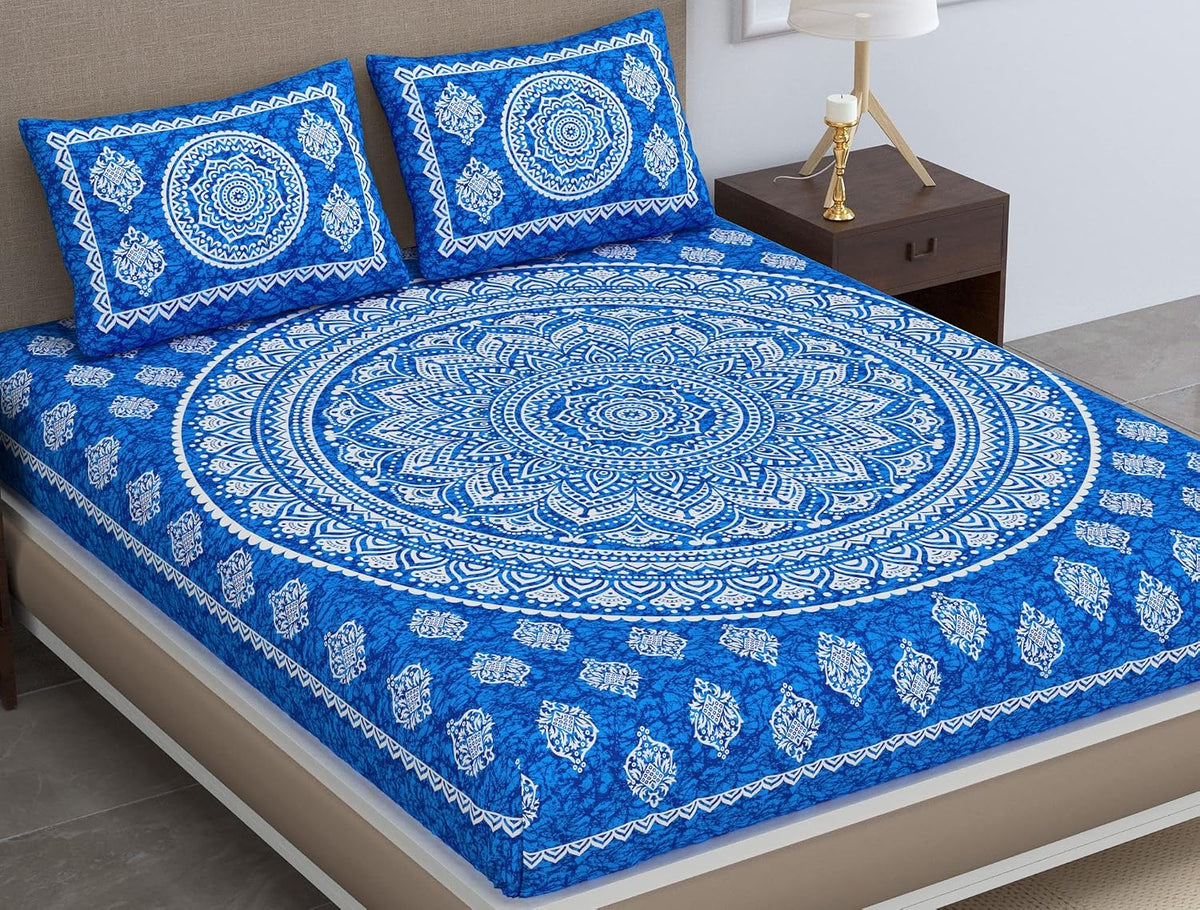 Printed Jaipuri Bedsheet For Double Bed With 2 Pillow Covers - 83 X 94 Inches, Blue | Long Lasting & Soft 120 Thread Count Bedsheet