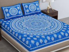 Printed Jaipuri Bedsheet For Double Bed With 2 Pillow Covers - 83 X 94 Inches, Blue | Long Lasting & Soft 120 Thread Count Bedsheet