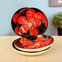 Hand Painted Ceramic Floral Round Pasta Serving Plates Set Of 4 - 8.5 Inches, Red & Black | Soup Plates - Ceramic Maggi Plates