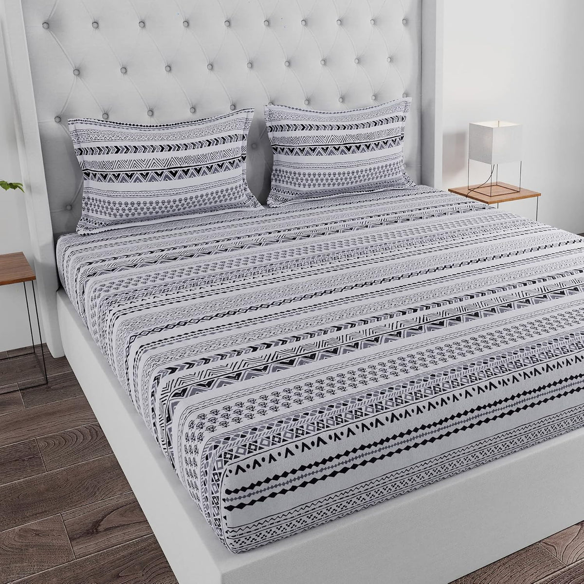 White & Black King Size Bedsheet With 2 Pillow Covers - 110 X 108 Inches | Cotton Bed Sheets Are Easy To Wash And Maintain At Home